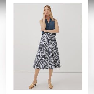 Pact Fit and Flare Midi Skirt, size small, navy and white stripes